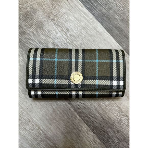 New Burberry Calf Leather Halton Check Continental Wallet Green Snug $720 - Picture 6 of 10